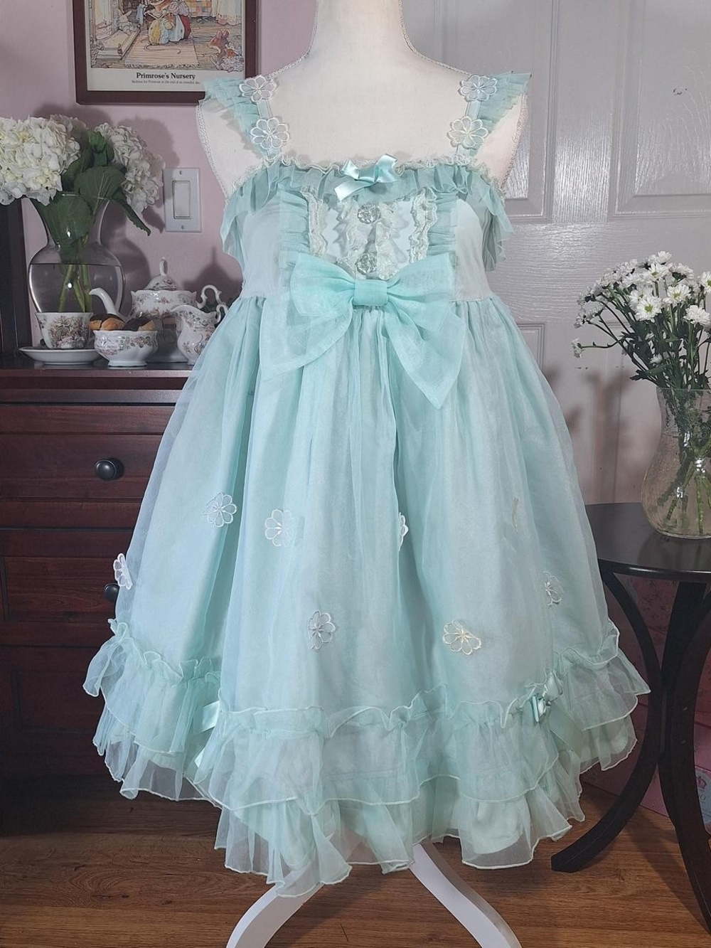 🌸 Angelic Pretty Mint Floral Appliqué Babydoll JSK 🎀✨